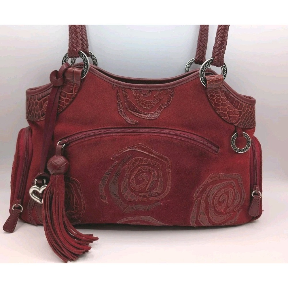 Vintage Brighton Melania Masterpiece Red Suede Leather Floral Bag Tassel RARE